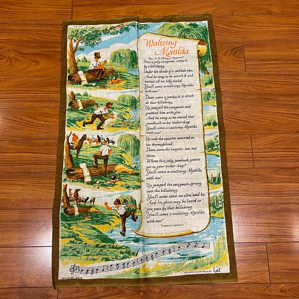 Vintage Waltzing Matilda Kitchen Towel-Pure Linen. Designed In Australia By Heil